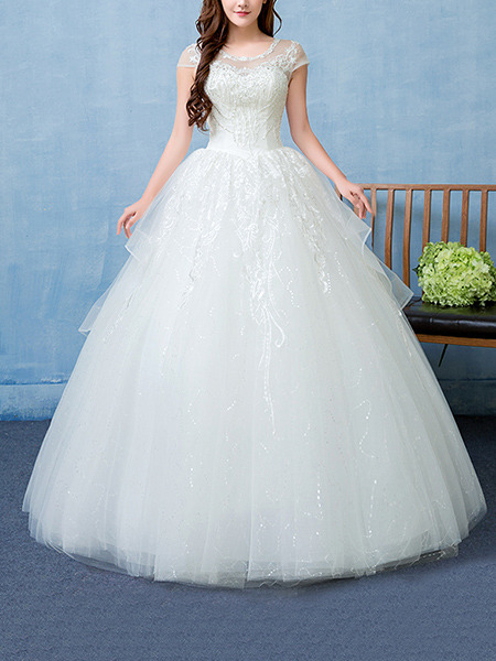 White Bateau Illusion Ball Gown Embroidery Beading Dress for Wedding