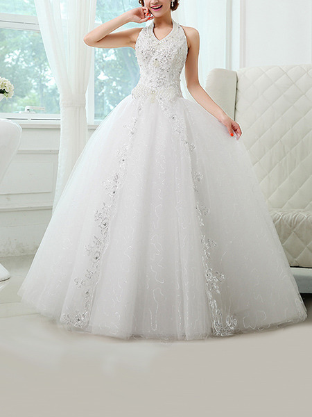 White Halter V Neck Ball Gown Beading Embroidery Dress for Wedding