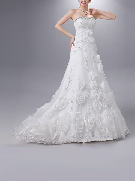 White Sweetheart A-Line Beading Embroidery Appliques Dress for Wedding