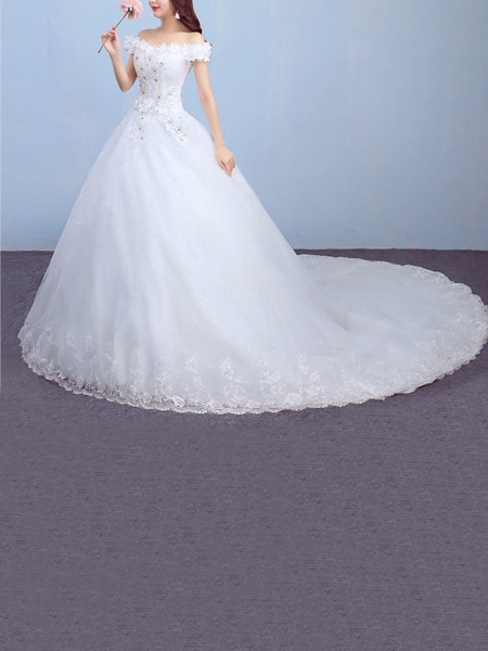 White Off Shoulder Ball Gown Beading Appliques Embroidery Dress for Wedding