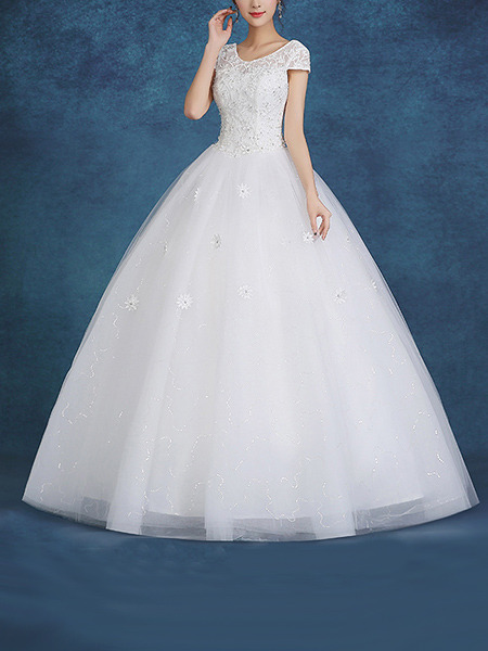 White Bateau Ball Gown Beading Embroidery Appliques Dress for Wedding