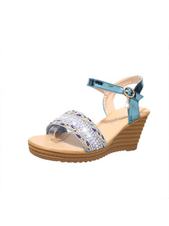 Blue Beige Colorful Leather Open Toe Ankle Strap 8CM Wedges