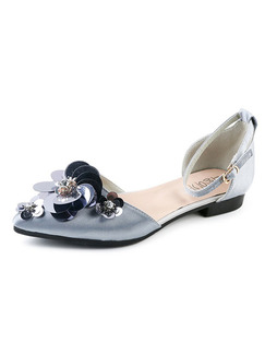 Silver Leather Pointed Toe Ankle Strap Flats
