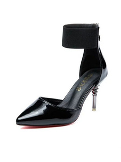 Black Patent Leather Pointed Toe High Heel Stiletto Heel Ankle Strap 8cm Heels