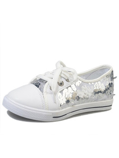 White and Silver Leather Round Toe Lace Up Rubber Shoes