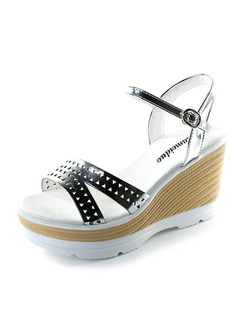 Silver White and Beige Leather Open Toe Platform Ankle Strap 9.5cm Wedges