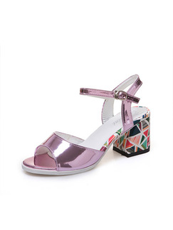 Pink Colorful Leather Open Toe High Heel Chunky Heel Ankle Strap 6cm Heels