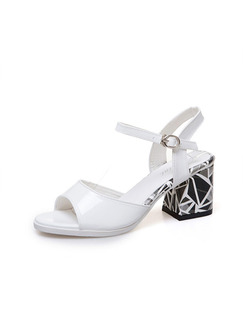 White and Black Leather Open Toe High Heel Chunky Heel Ankle Strap 6cm Heels