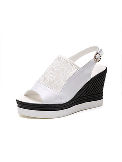 Black and White Leather Peep Toe Platform Ankle Strap 9.5cm Wedges