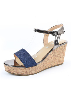 Blue Silver and Beige Leather Open Toe Platform Ankle Strap 8cm Wedges