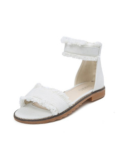 White Canvas Open Toe Ankle Strap Sandals