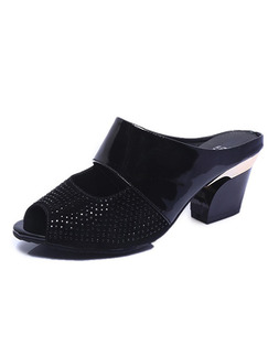 Black Patent Leather Peep Toe High Heel Chunky Heel 7.5cm Heels