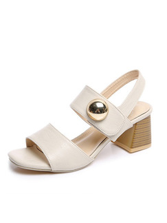 White and Beige Leather Open Toe High Heel Chunky Heel Ankle Strap 6cm Heels