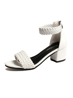 White Leather Open Toe High Heel Chunky Heel Ankle Strap 5cm Heels