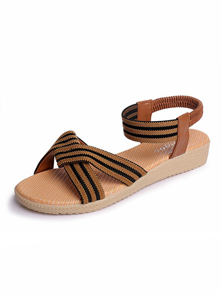 Brown Canvas Open Toe Ankle Strap Sandals