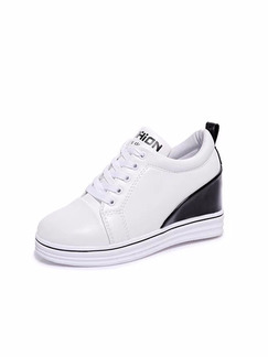 Black and White Leather Round Toe Lace Up 7cm Wedges Rubber Shoes