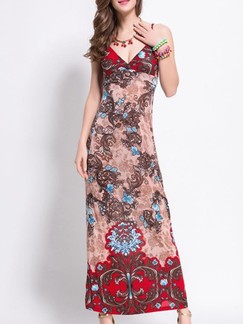 Brown Red Slip V Neck Maxi Dress for Casual Beach