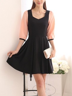 Black Pink Fit & Flare Above Knee Dress for Casual Office Evening