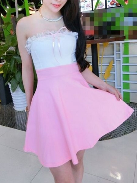 White and Pink Cute Strapless Fit & Flare Above Knee Dress for Party Evening Cocktail