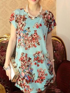 Green and Red Shift Floral Above Knee Dress for Casual Party