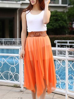 White and Orange Fit & Flare Knee Length Dress for Casual Party Evening