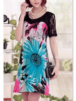Black and Blue Shift Above Knee Floral Dress for Casual