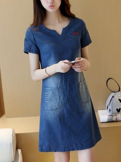 Blue Denim Shift Above Knee Plus Size Dress for Casual