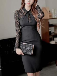 Black Lace Sheath Knee Length Long Sleeve Dress for Cocktail Evening Party Formal