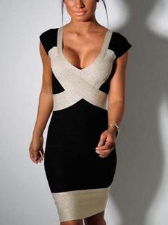Black and Beige Bodycon Above Knee Plus Size Dress for Cocktail Party Evening