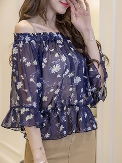 Blue Floral Off Shoulder Plus Size Top for Party Casual Evening