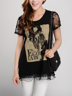 Black Plus Size Lace T-Shirt Top for Casual