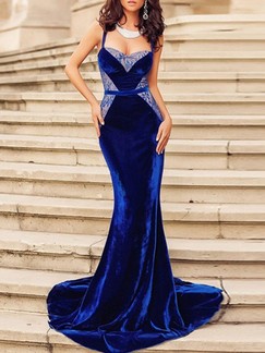 Blue Bodycon Slip Maxi Velvet Dress for Cocktail Prom