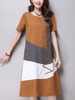 Brown Grey and White Shift Knee Length Plus Size Dress for Casual