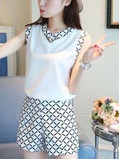 Black and White Two Piece Blouse Shorts Plus Size Jumpsuit for Casual Office Evening