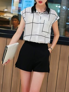 Black and White Two Piece Blouse Shorts Plus Size Jumpsuit for Office Casual Evening Party