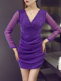 Purple Bodycon Long Sleeve Above Knee Plus Size V Neck Dress for Cocktail Party Evening