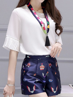 White and Blue Two Piece Shirt Shorts Wide Leg Plus Size Jumpsuit for Casual Evening Office On Sale