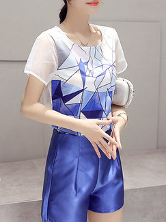 Blue and White Two Piece Shirt Shorts Plus Size Jumpsuit for Casual Party Evening On Sale