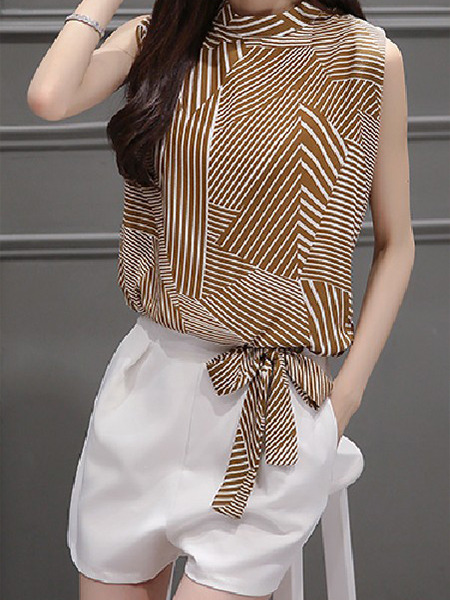 Brown and White Two Piece Shirt Shorts Plus Size Wide Leg Jumpsuit for Casual Office Evening On Sale