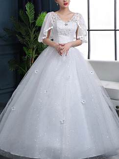 White V Neck Ball Gown Appliques Embroidery Dress for Wedding On Sale
