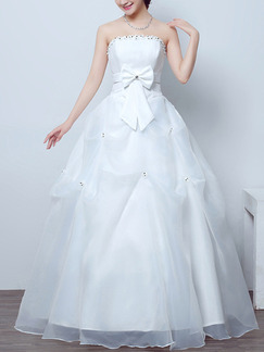 White Strapless Ball Gown Sash Ribbon Beading Dress for Wedding On Sale