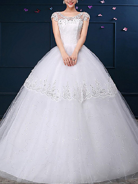 White Illusion Ball Gown Bateau Beading Lace Dress for Wedding On Sale