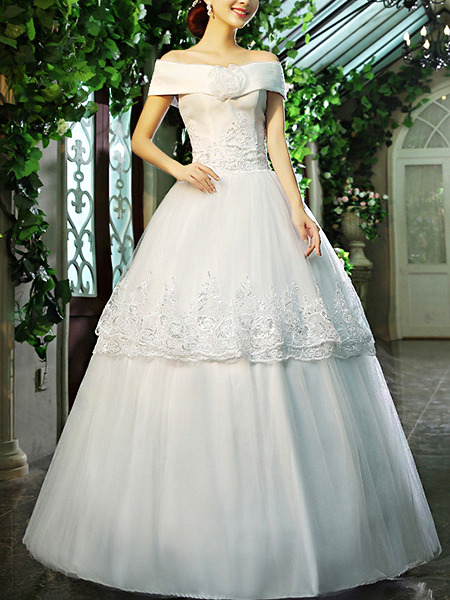 White Off Shoulder Princess Tiered Embroidery Dress for Wedding On Sale