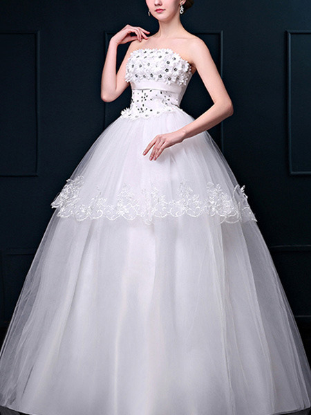 White Strapless Ball Gown Beading Lace Dress for Wedding On Sale