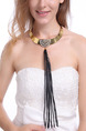 Gold Plated and Leather With Chain Gold Chain Tassel Rhinestone Necklace