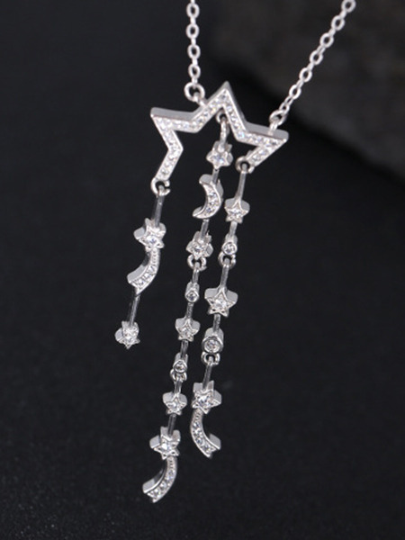 925 Silver With Chain Silver Chain Star Moon Dangle Rhinestone Pendant