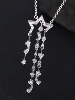 925 Silver With Chain Silver Chain Star Moon Dangle Rhinestone Pendant