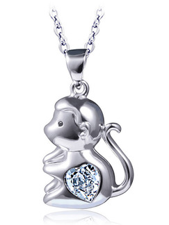 925 Silver  With Chain Silver Chain Monkey Rhinestone Pendant