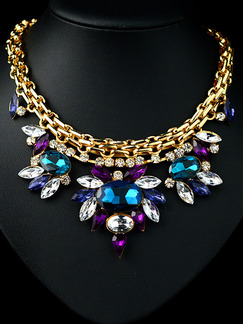 Gold Plated With Chain Gold Chain Bib Rhinestone and Gemstone Necklace