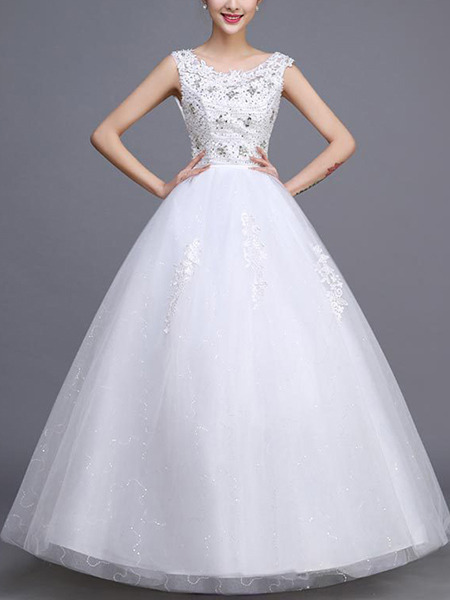 White Bateau A-Line Beading Appliques Dress for Wedding